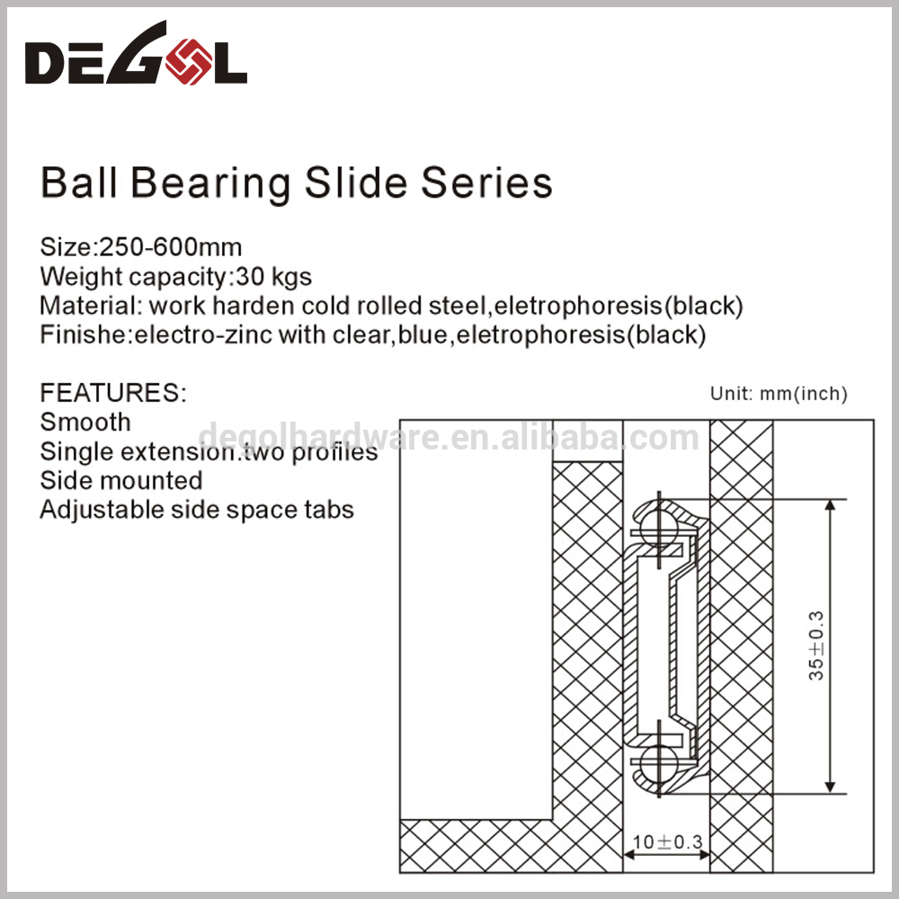 High quality smooth full extension ball bearing telescopic drawer channel